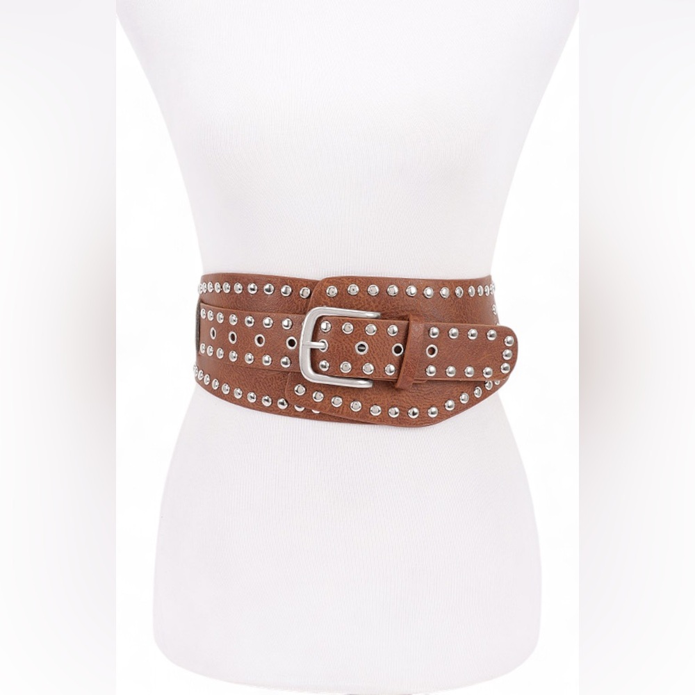 Vegan Leather Studded Corset Statement Belt - Black, Brown, White